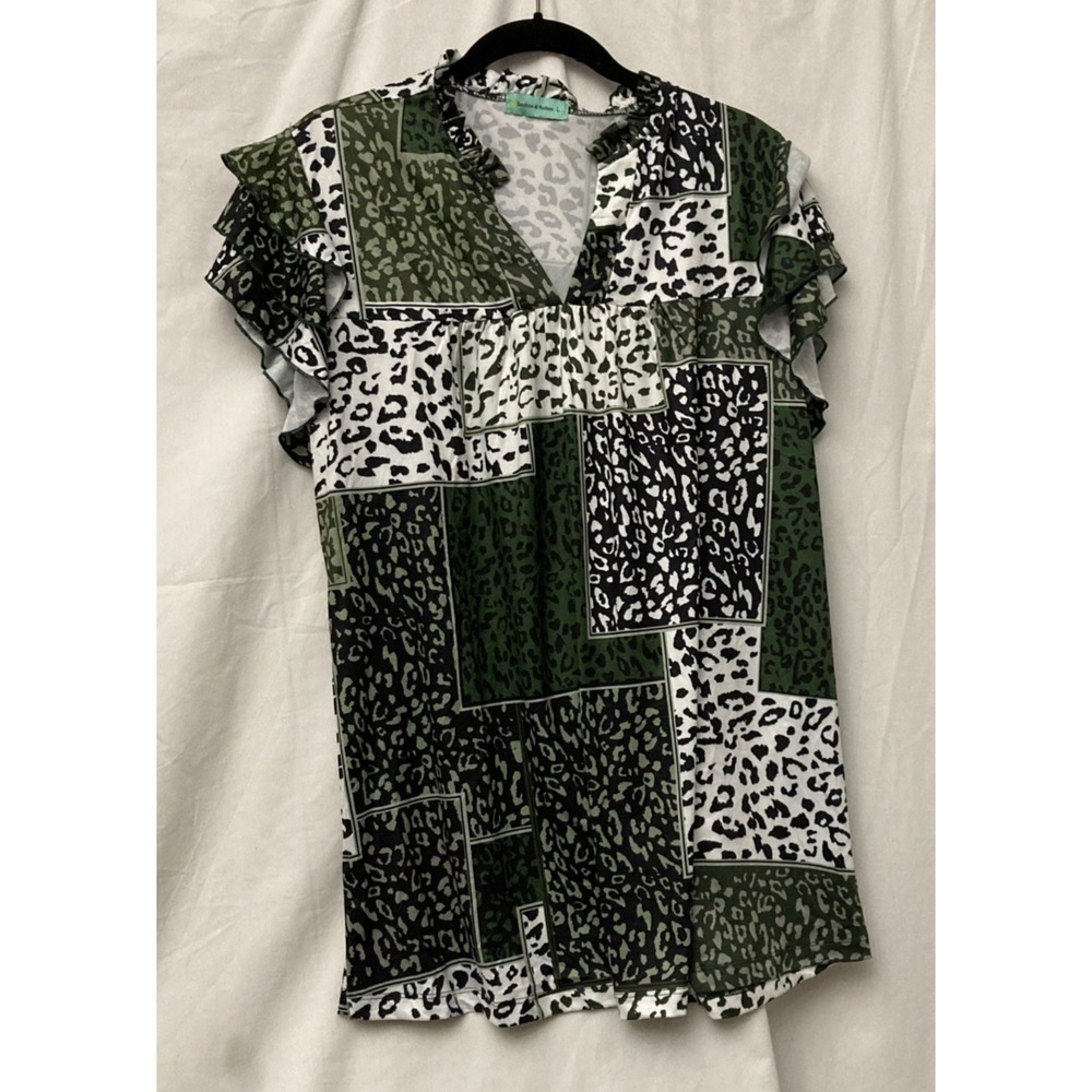 Sunshine‎ & Rodeos Women's Green Multi Windowpane Leopard Print Top - SZ L
